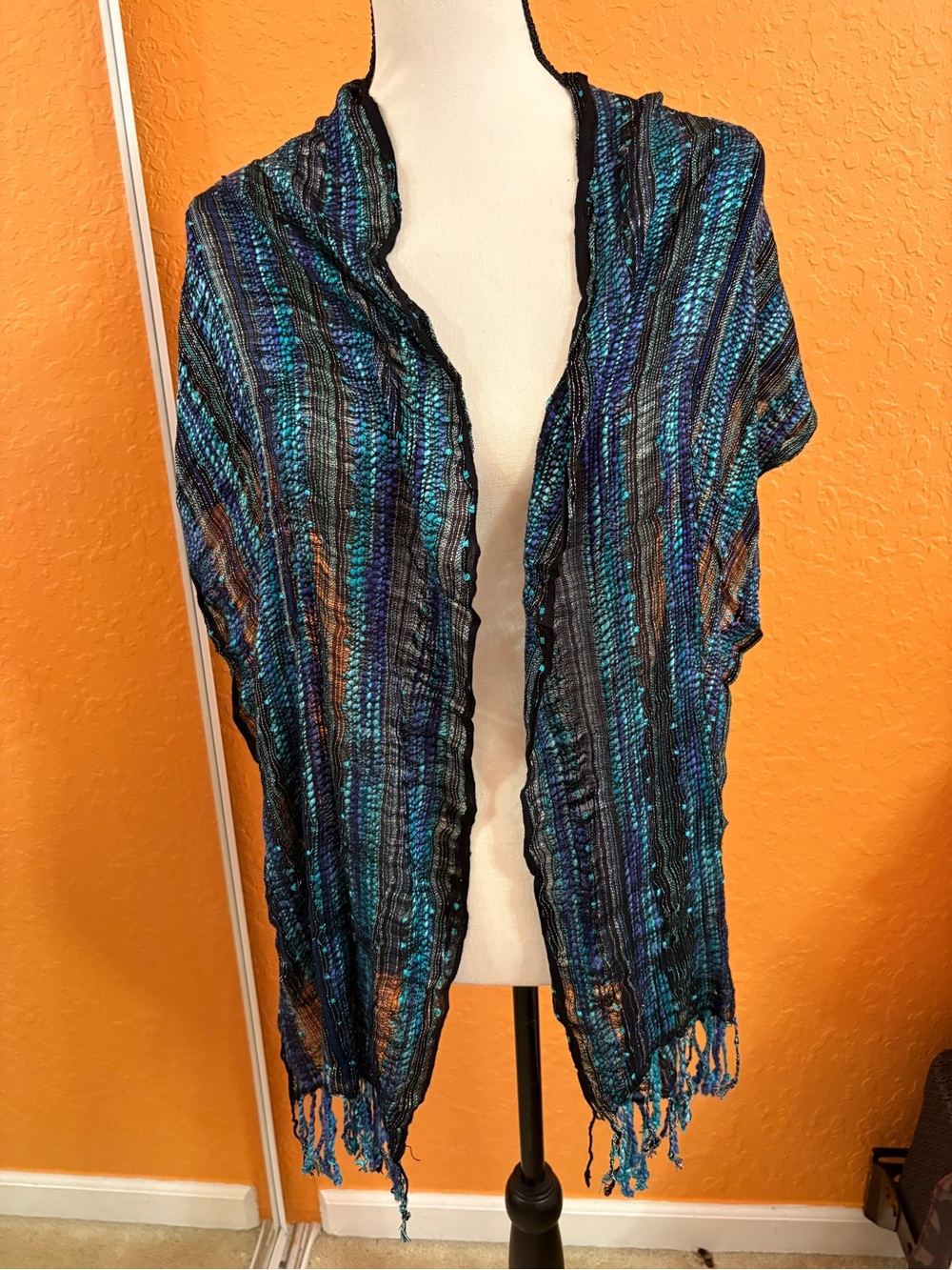Teal, Black & Bronze Striped Open-Front Shawl